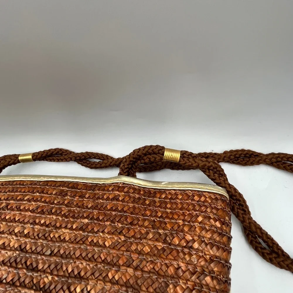 Worthington Tote Bag Brown Womens Woven Straw Gold Trim H 10 x W 14 x D 4.5 in